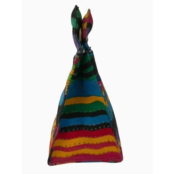 Laurel Burch Multicolor Cat Gato Pattern Canvas Mini Handbag With Wooden Handles - Picture 3 of 10